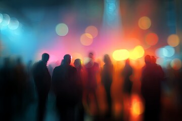 Vibrant Blurred Background of a Social Gathering with Colorful Bokeh Lights and Silhouetted Figures