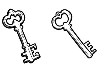 Vintage keys in sketch style on white background  set