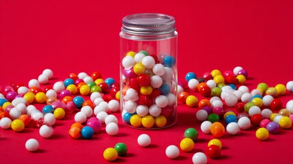 Colorful candy spilling from glass jar on pink background for sweet snack branding product photography concept