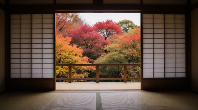 japanese temple hall window view with vibrant maple foliage in autumn | autumn, japanese architecture, gardens, traditional, photography theme