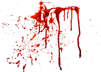 Vibrant red liquid splashing and dripping in a dynamic abstract pattern isolated on transparent...
