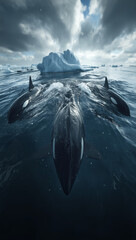 AI image of a whales swimming in unison to generate waves toward an ice floe