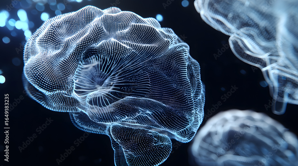Aufkleber brain model in digital clarity: a luminous, transparent model of a brain, showcasing its intricate s