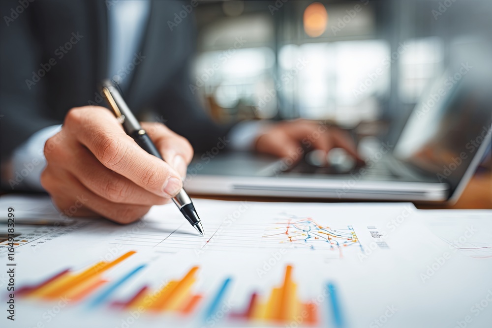 Poster business professional analyzing financial charts and graphs while taking notes on a laptop in a mode