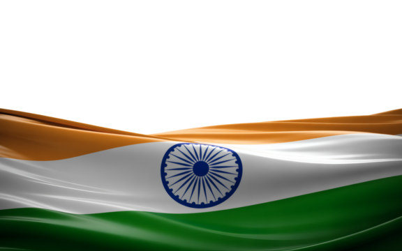 A dramatic cinematic still capturing the flowing fabric of the Indian national flag with the Ashoka Chakra, featuring ample copy space