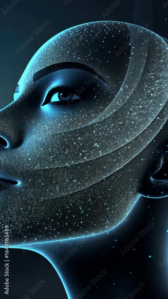 Poster a stunning image features a face surrounded by glowing particles, reflecting a connection to the uni