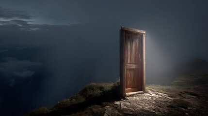 The Door to Possibilities: A solitary, weathered wooden door stands dramatically atop a rugged mountain peak, illuminated by a soft, ethereal light.