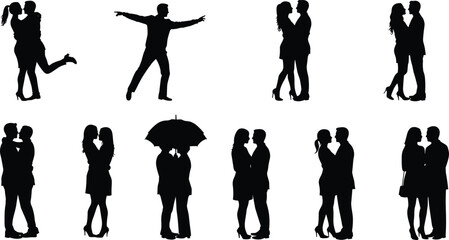Romantic couple silhouette set, love illustration, kissing pose, hugging, dating vector, umbrella romance, affectionate embrace, relationship moment, passion, intimacy
