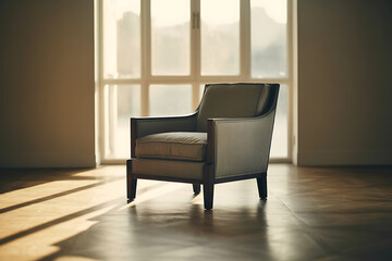 Cozy armchair bathed in warm sunlight by a large window