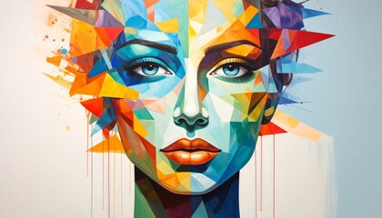 Abstract geometric face with vivid colors and realistic eyes, symbolizing emotion through design