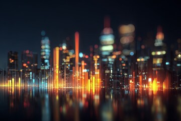 Nighttime City Skyline with Colorful Lights and Data Visualization Overlay in Modern Urban Setting
