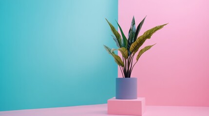 Green plant in pastel pink and blue background for interior design minimalist concept product photography branding or decor inspiration
