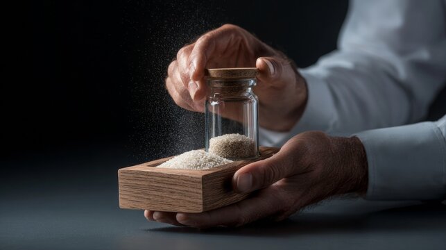 Man’s hand pouring sand timer for time business concept stress countdown pressure visual design or minimalist metaphor photography scene