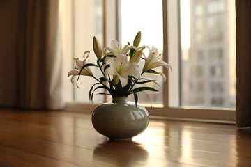 Elegant white lilies in a ceramic vase by a sunlit window