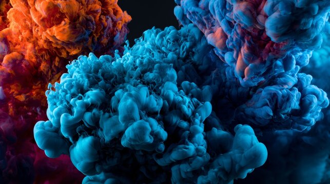 Abstract explosion of orange and blue colorful smoke clouds captured in high-speed motion on dark background
