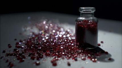 Jar with spilled red glitter on dark surface for festive celebration party decoration and craft background