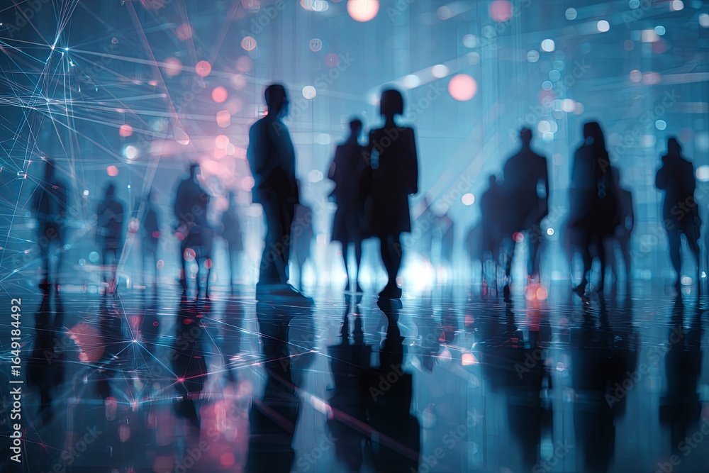 Poster diverse group of silhouettes against a glowing digital background with abstract shapes and lines in 