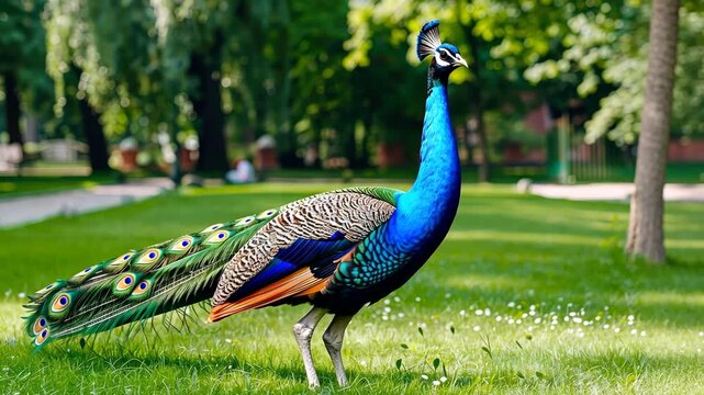 A stunning peacock struts gracefully, showcasing its vibrant plumage against a serene park backdrop filled with greenery