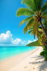 Fototapeta premium Sun-drenched beach scene with vibrant turquoise water, golden sand, and lush palm trees swaying gently in a warm breeze Perfect for summer vacation and travel themes , vibrant, shore, bright
