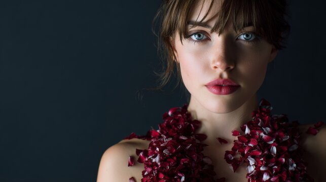 Glamorous woman in fashion portrait with cherry jewelry and red lipstick on dark background for beauty concept
