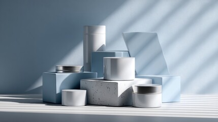 White and blue product packaging on geometric platform with shadows for modern branding and cosmetic display layout