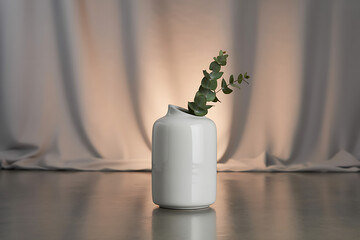 Minimalist white vase with greenery against softly lit draped fabric
