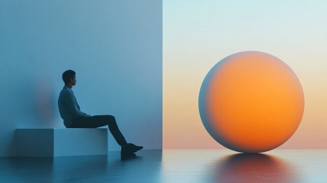 Silhouetted man sitting next to glowing orange sphere with blue pastel background for abstract thinking concept
