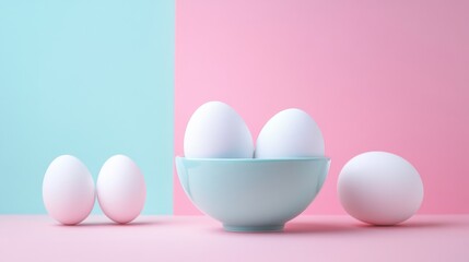 Fototapeta premium White eggs and bowl on split pink and blue background for fresh organic food concept and modern design scene