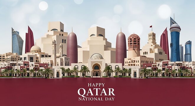 Doha Skyline Panorama: A Festive Qatar National Day Celebration - Powered by Adobe