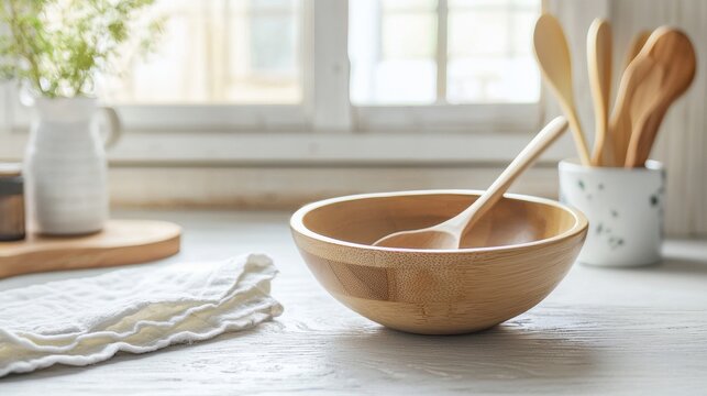 Wooden kitchen utensils in bowl on cozy table for rustic cooking or food preparation lifestyle and decor concept