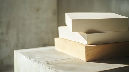 Stack of paper boxes in minimalist room with concrete texture for branding packaging or product shipment design