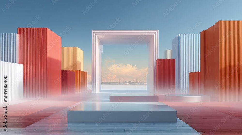 Poster an abstract composition presents colorful geometric shapes in a minimalist setting, creating a visua