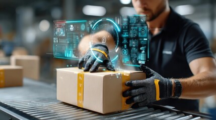 Worker wearing gloves scans a package with a futuristic holographic interface in a modern logistics or warehouse setting.