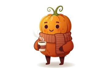 Cute Pumpkin Character Holding Hot Drink for Autumn Season
