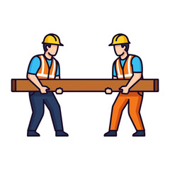 Construction Workers Collaboration: Two construction workers, wearing protective gear, work together to carry a wooden plank. Illustrating teamwork and the construction industry