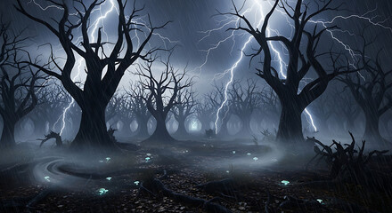 Eerie forest landscape with lightning strikes and glowing mushrooms at night in a spooky atmosphere