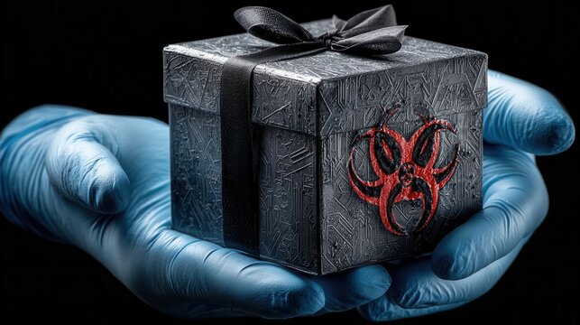 A pair of blue-gloved hands holds a textured black gift box adorned with a black ribbon and a red biohazard symbol on its side.