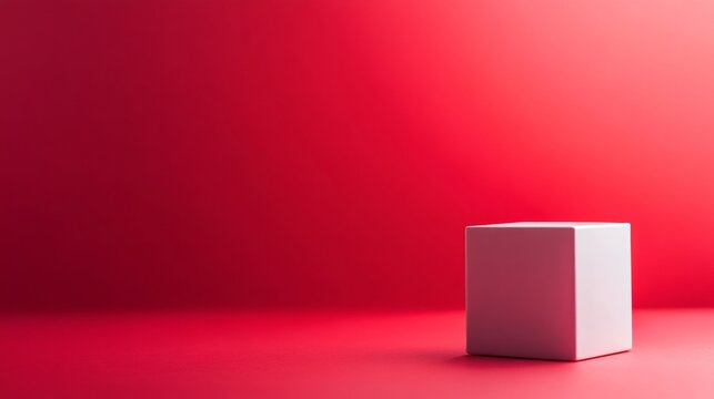 Red cube on strong pink gradient background for abstract geometric visual art or bold graphic design concept