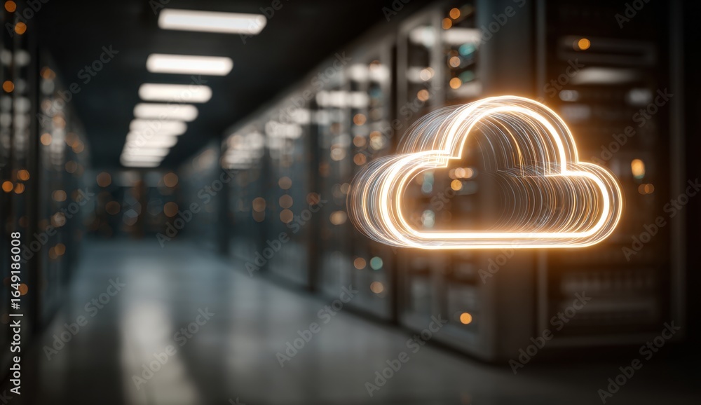 Poster an illuminated cloud icon hovers in a server room, representing data storage and cloud computing tec