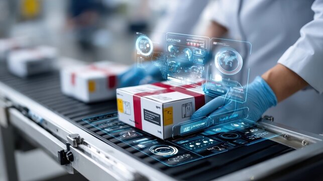 A worker in gloves inspects or processes packaged products on a conveyor belt with a futuristic digital interface overlay.