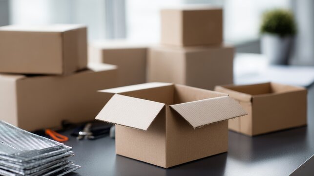 Open cardboard boxes in workspace for shipping, ecommerce, delivery logistics or office packaging design concept imagery
