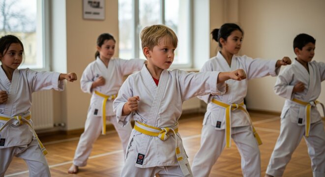 Kids karate training session martial arts studio action photography indoor environment focused viewpoint youth empowerment - Powered by Adobe