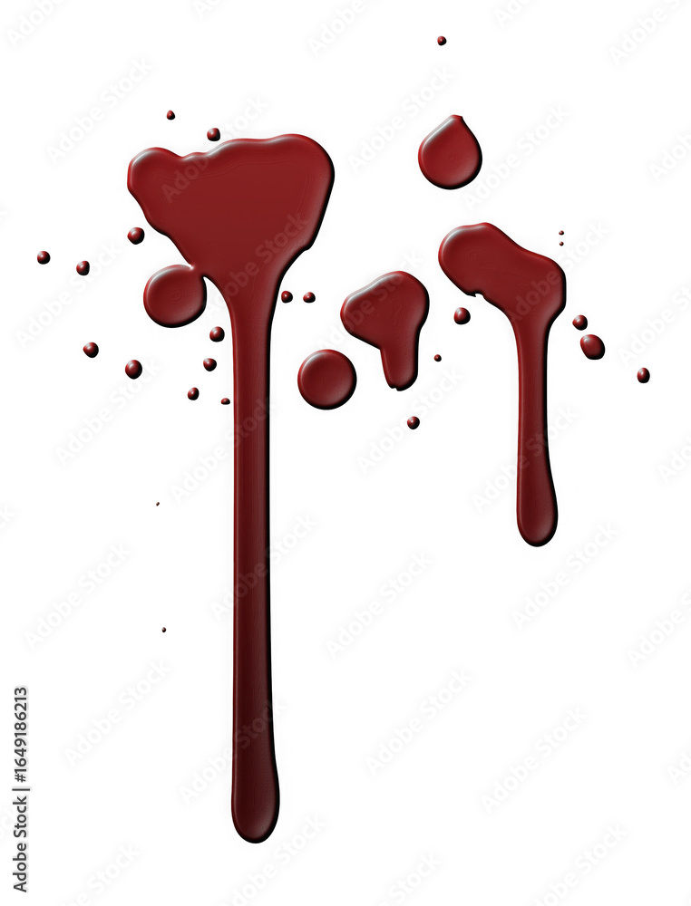 Poster viscous red liquid dripping and splattering in abstract shapes isolated on transparent background
