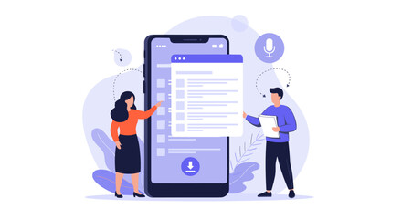 Illustrating voice assistant technology and user interaction with a mobile application interface for enhanced productivity and communication