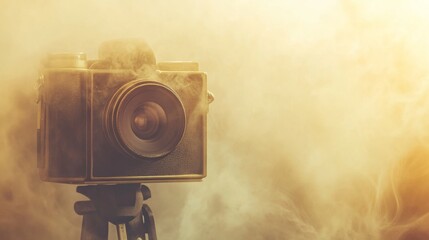 Vintage camera with backlight and dramatic fog used for cinematic atmosphere or nostalgic photography equipment concept scene
