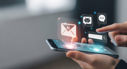 User Interacting with Smartphone Icons in a Modern Office Environment