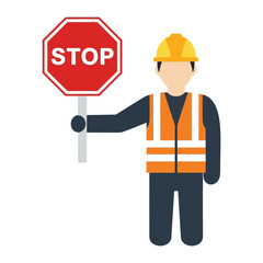 Safety First: A vigilant construction worker, clad in safety gear, holds aloft a prominent stop sign, conveying a clear message of caution and control, emphasizing a commitment to secure practices.