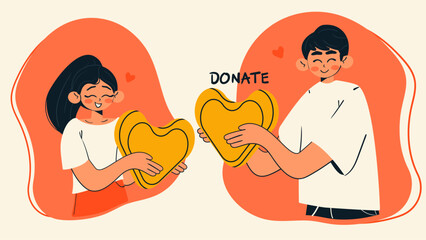 Donation and charity concept sticker. Smiling people holding heart shaped coins. Isolated vector illustration.