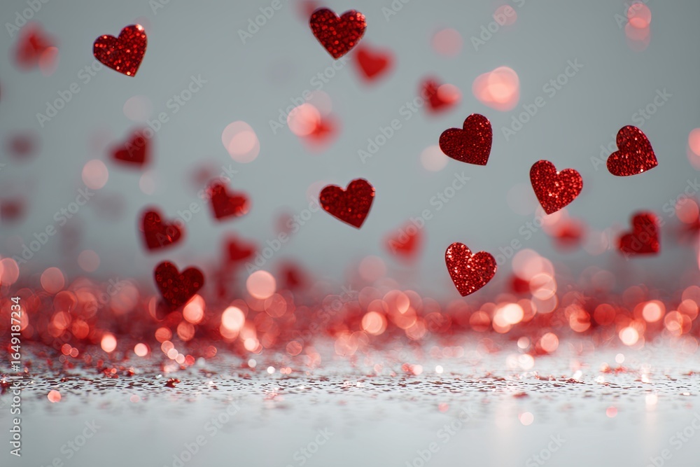 Poster red heart shapes falling on a glittery surface with soft bokeh background