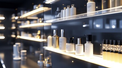 Luxury illuminated perfume shop shelves with fragrance bottles arranged in elegant modern interior for commercial product branding presentation